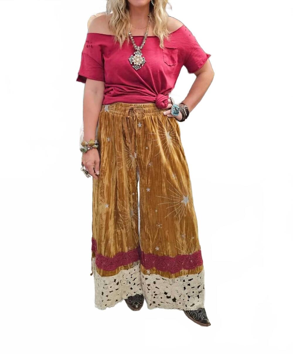 NEW A RARE BIRD crochet flowers and velvet pantaloons in gold